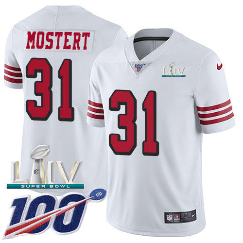 San Francisco 49ers Nike 31 Raheem Mostert White Super Bowl LIV 2020 Men Stitched NFL Limited Rush 100th Season Jersey